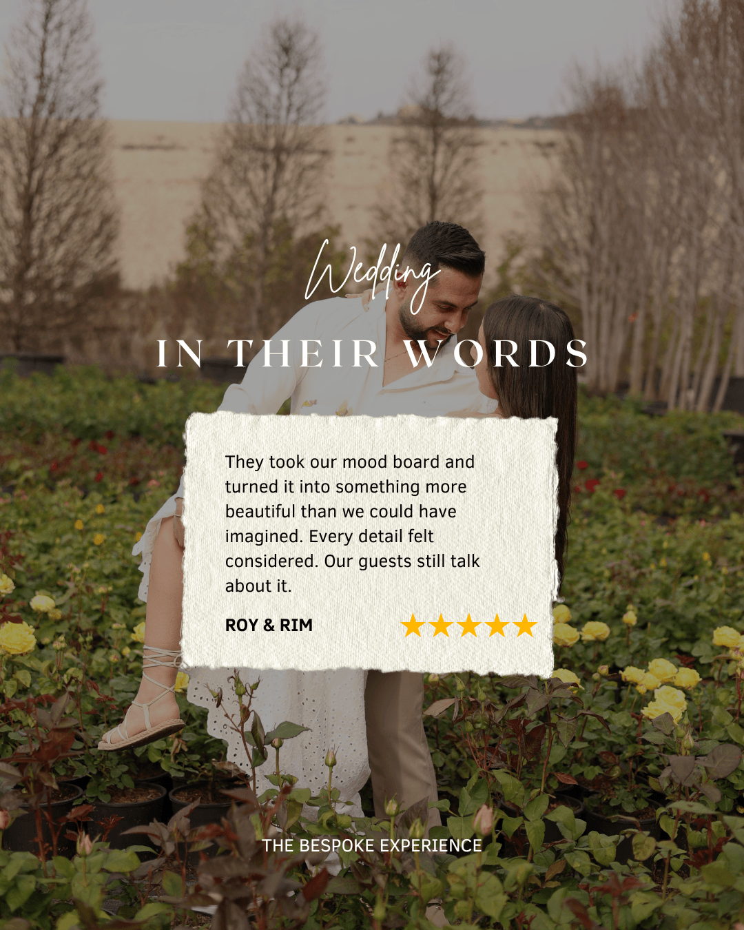 Wedding testimonial — They took our mood board and turned it into something more beautiful than we could have imagined. Sophie & Marc.