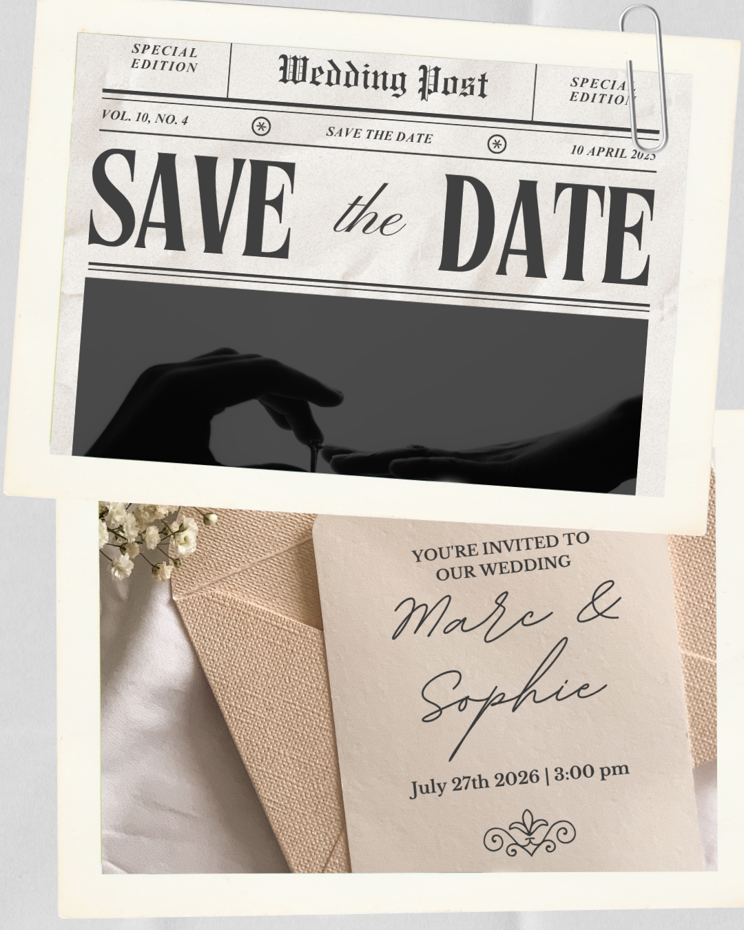 Save the Date newspaper style wedding invitation and elegant wedding card for Marc & Sophie